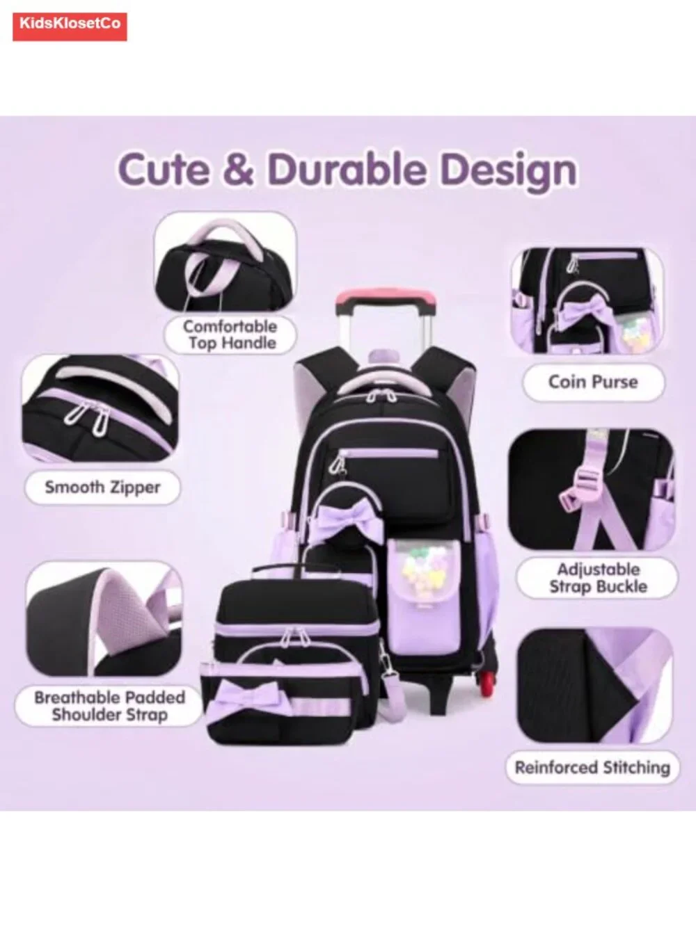 Girls Rolling Backpack with Wheels, Waterproof Nylon Wheeled School Bag with